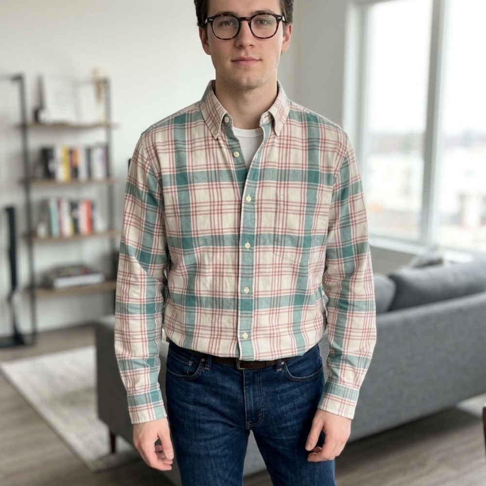 Men’s Goodfellow & Co. Slim Fit Northrop Shirt in Teal/Pink Plaid – Size Large